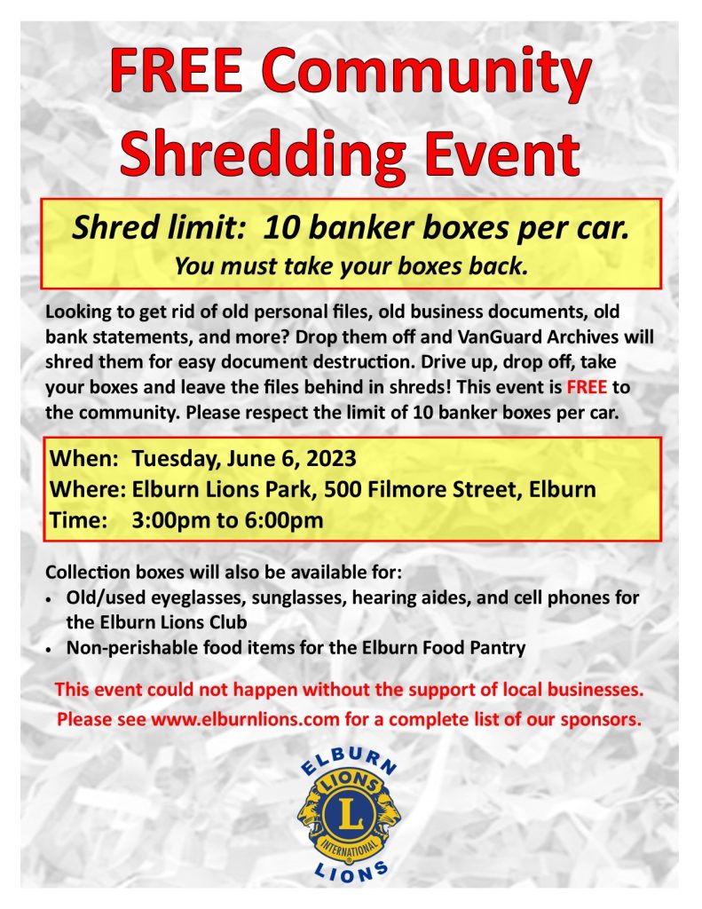 Free Community Shredding Event Elburn Lions